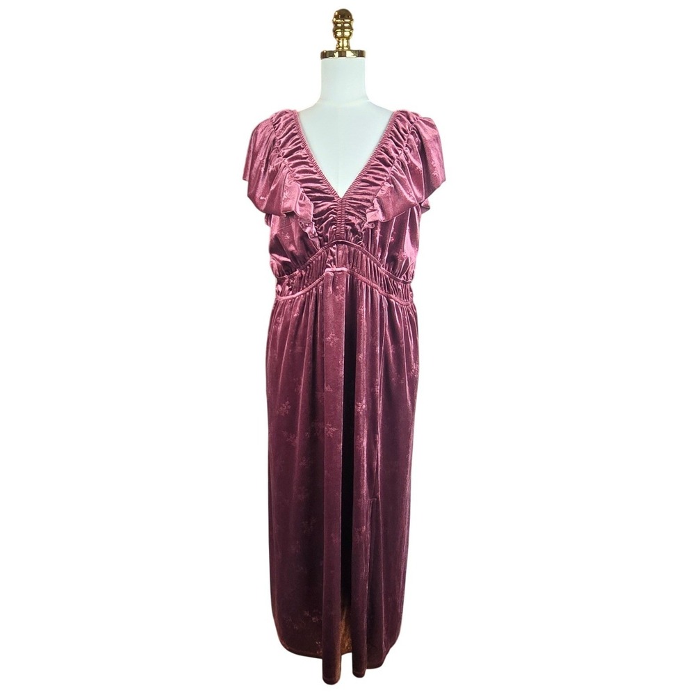 Eyeshadow Midi Dress Women XL Burgundy Burnout Velvet Ruffle Whimsigoth Romantic